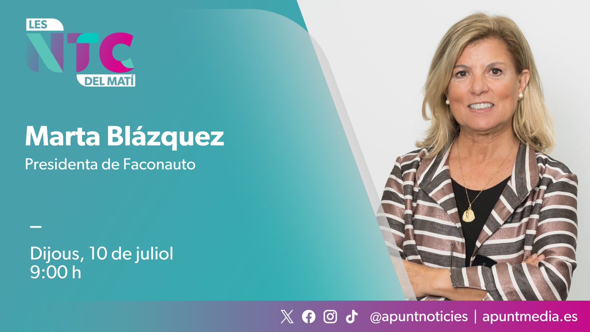 Les notícies del matí (@ntcdelmati) on Twitter photo 🚗Este dijous entrevistem la presidenta de la patronal dels concessionaris <a href="/Faconauto_com/">FACONAUTO</a> i vicepresidenta de <a href="/cepyme_/">CEPYME</a>, <a href="/MartaBlazquezM/">Marta Blázquez</a>.
🗣️ Amb <a href="/DaValero/">Dani Valero</a>, <a href="/egraullera/">Elvira Graullera</a> i <a href="/madrededatos/">Res Pública</a> en la tertúlia.
⏰ 09:00 h
📻 web.apunt.es/RàdioEnDirecte
📺 web.apunt.es/DirecteTV 🚗Este dijous entrevistem la presidenta de la patronal dels concessionaris <a href="/Faconauto_com/">FACONAUTO</a> i vicepresidenta de <a href="/cepyme_/">CEPYME</a>, <a href="/MartaBlazquezM/">Marta Blázquez</a>.
🗣️ Amb <a href="/DaValero/">Dani Valero</a>, <a href="/egraullera/">Elvira Graullera</a> i <a href="/madrededatos/">Res Pública</a> en la tertúlia.
⏰ 09:00 h
📻 web.apunt.es/RàdioEnDirecte
📺 web.apunt.es/DirecteTV