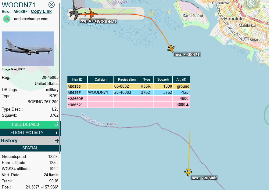 SirListenalot's tweet photo. Jul08 ~2230z / ~2340z #KC135's #WOODN51-52 &amp; #KC46 #WOODN53 depart Honolulu with #F22's #VIEW11-14 + spare #VIEW15. Followed by KC46 #WOODN71 &amp; KC135 #WOODN73 with F22's #VIEW21-24. All bound for Andersen, Guam. Final destination Australia? https://t.co/DmwtaKF1SN