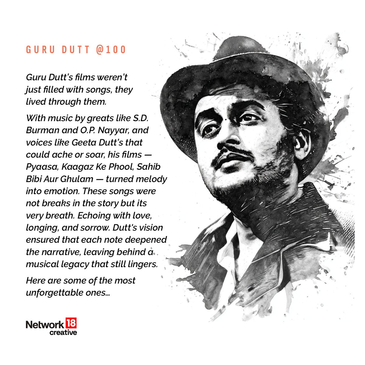 Nw18Graphics's tweet photo. Guru Dutt’s films weren’t just filled with songs, they lived through them. A look at some iconic songs from his films.
#Network18creatives #Network18graphics https://t.co/1PaoQptHRj