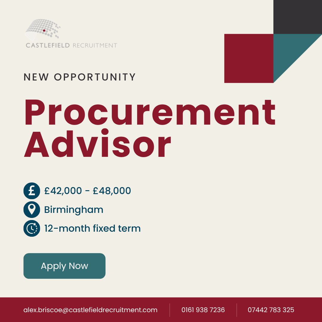 Castlefield Recruitment are working with a Public Sector organisation looking to recruit a Procurement Advisor to join their team on a 12-month fixed term basis. 

To apply for the role directly, click on this link👉 castlefieldrecruitment.com/vacancies/vaca…

#jobopportunity #recruitment