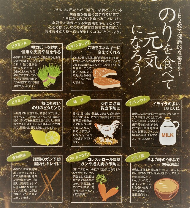 STansuke's tweet photo. 海苔はタンパク質、ビタミン、ミネラル、食物繊維をバランスよく含むスーパーフードであり、特に日本人の腸内細菌叢に適した食材です。

【タンパク質の質と量】
約40%がタンパク質で構成されており、これは大豆（約35-40%）に匹敵する高含有量です。
タンパク質は9種類の必須アミノ酸をすべて含んでおり、アミノ酸スコア91（ワカメは100、昆布は82）と非常に高い品質を誇ります。
これは肉や卵、乳製品（アミノ酸スコア100）とほぼ同等であり、植物性食品としては例外的な値です。

【ビタミン類】
ビタミンA、B1、B2、B6、B12、C、E、Kなどの豊富なビタミンを含んでいます。
特にビタミンB12は、植物性食品では稀にしか見られない栄養素。
また、ビタミンCは野菜の10-100倍含まれており、抗酸化作用が期待できる。

【ミネラルの宝庫】
ヨウ素、カルシウム、マグネシウム、鉄、亜鉛、セレンなどのミネラルが豊富

【食物繊維と腸内環境】
水溶性および不溶性食物繊維が含まれており、腸内細菌（特に酪酸菌）のエサとなり、短鎖脂肪酸（酪酸など）の産生を促進
酪酸は筋肉量の維持に寄与し、日本人の腸内環境に適す

※ヨウ素の過剰摂取による甲状腺機能障害には注意