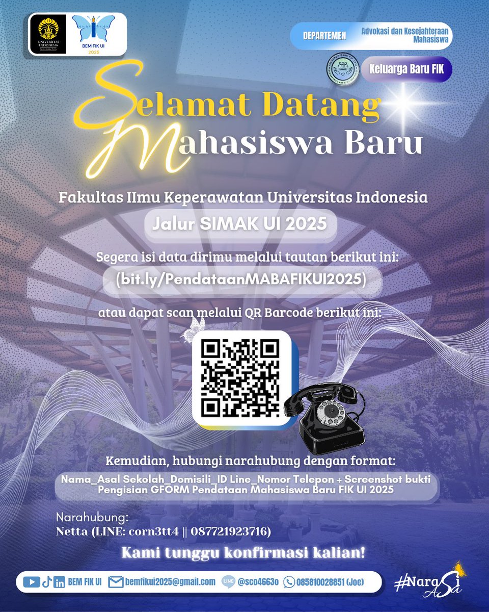 BEMFIKUI_'s tweet photo. 🦋 SELAMAT DATANG KUPU-KUPU BIRU FIK UI 🦋

Selamat teman-teman telah menjadi bagian dari FIK UI melalui simak yang pengumumannya kayak tahu bulat nyam nyam🤍🤯

Jangan lupa mengisi formulir pendataan dan konfirmasi diri kepada narahubung sesuai format yaa‼️

#SIMAKUI #FIKUI #UI https://t.co/I2euonNqEw