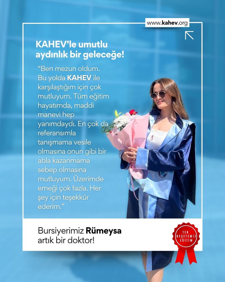 Mezun bursiyerimiz Rümeysa’nın KAHEV’e destek ve gönül veren herkese mesajı var! Bursiyerimiz Rümeysa, ülkesine hizmet verecek bir doktor.
#KAHEV #BursiyerHikayeleri #DoktorRümeysa #EğitimeDestek #Gönüllülük #İyilikleBüyüyoruz #KızÇocuklarıOkusun #BirKızaDestekBinGeleceğeIşık