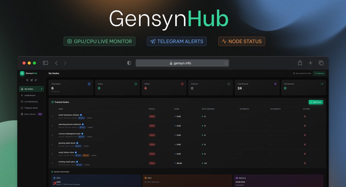 rootallowed's tweet photo. I've just released GensynHub for tracking and managing your @gensynai nodes.

Built this because constantly checking nodes via SSH was getting annoying. Now you can see all your nodes in one dashboard.

https://t.co/KuWtXeaqps

Here's what's cool about it 🧵 https://t.co/gEFIAAE0cF