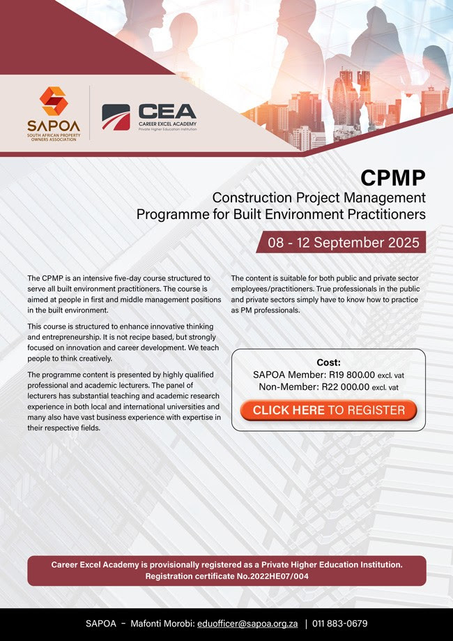 Advance your career: Enrolment now open for Construction Project Management Programme!

SAPOA, in collaboration with Career Excel Academy, invites built environment professionals to enrol in the CPMP: sapoa.org.za/courses/cpmp-c…