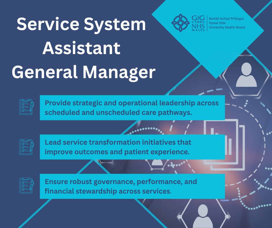 SwyddiHDdaJobs's tweet image. ** Service System Assistant General Manager **

👉One for each of our acute hospital sites:
· Bronglais General Hospital
· Glangwili General Hospital
· Prince Philip Hospital
· Withybush General Hospital

Take a look or apply here…
hduhb.nhs.wales/working-for-us…