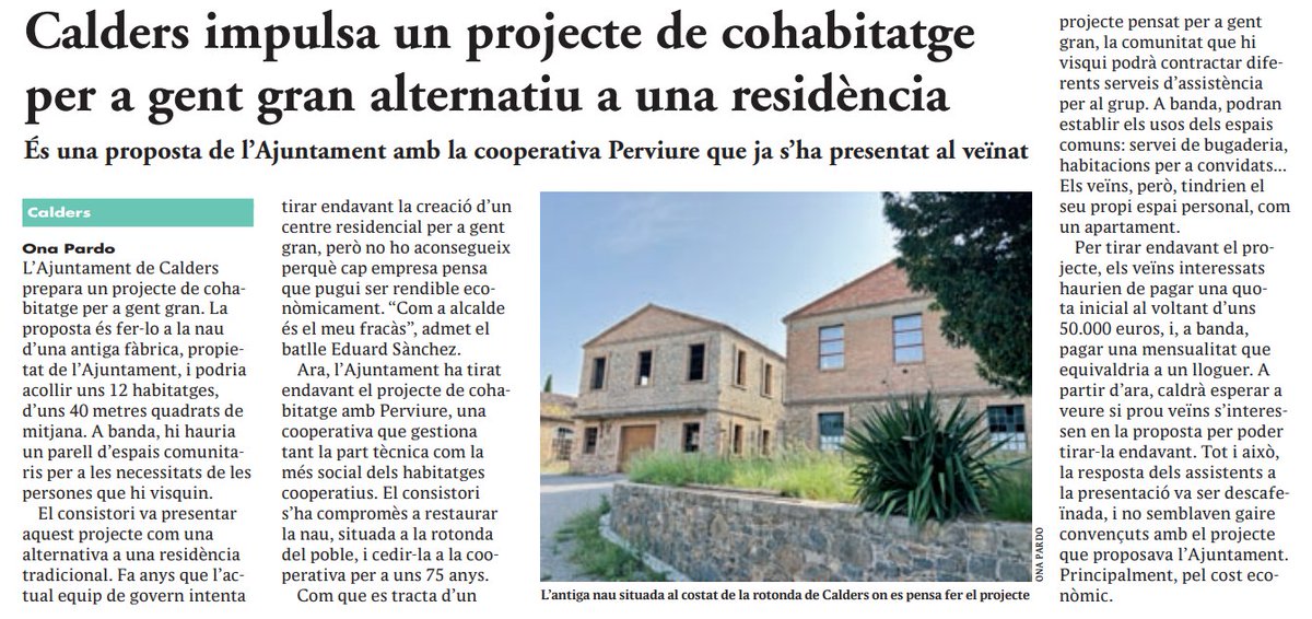 🗞️👀 Aquests darrers dies, <a href="/el9nou/">El 9 Nou</a> s'ha fet ressò del projecte de #cohabitatge per a gent gran que estem treballant amb l'Ajuntament de #Calders. 

🏡 Podria acollir 12 habitatges de 40 metres quadrats i un parell d'espais comunitaris.

Aquí en teniu més detalls 👇