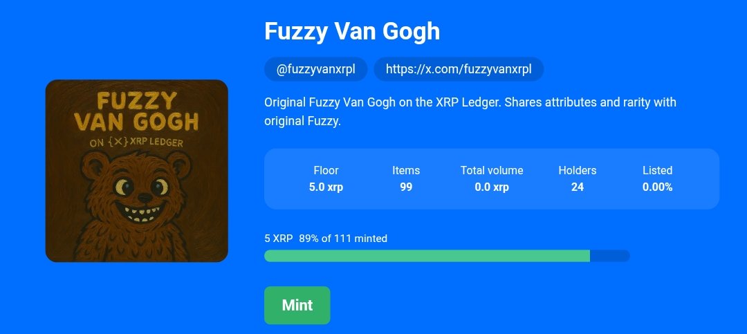 fuzzyvanxrpl's tweet image. Fuzzy Van Gogh ! #XRP 
89% mint proggress 

xrp.cafe/collection/fuz…

#XRPCommunity #XRPHolders #XRPFamily #XRPArmy
