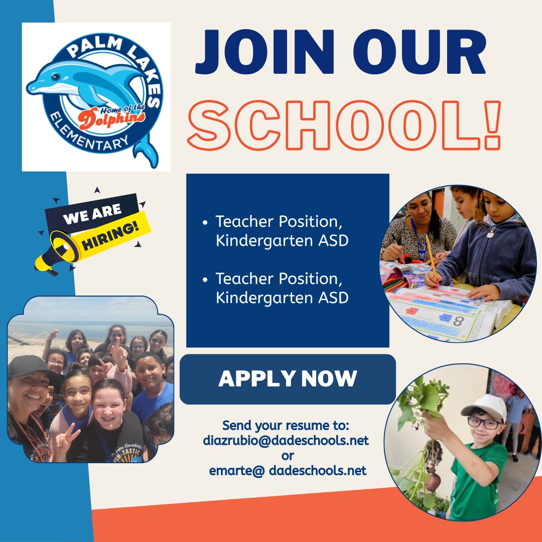 Looking for two Kindergarten ASD teachers to join our amazing team. Email Principal Diaz-Rubio or Assistant Principal Marte if interested. Emails are in the flyer. Please share this post and help us fill these positions. <a href="/MDCPS/">Miami-Dade Schools</a> <a href="/MDCPSNorth/">M-DCPS North Region</a> <a href="/MDCPS_ASD/">M-DCPS Autism Support</a> <a href="/teachatmdcps/">MDCPS Teachers</a>