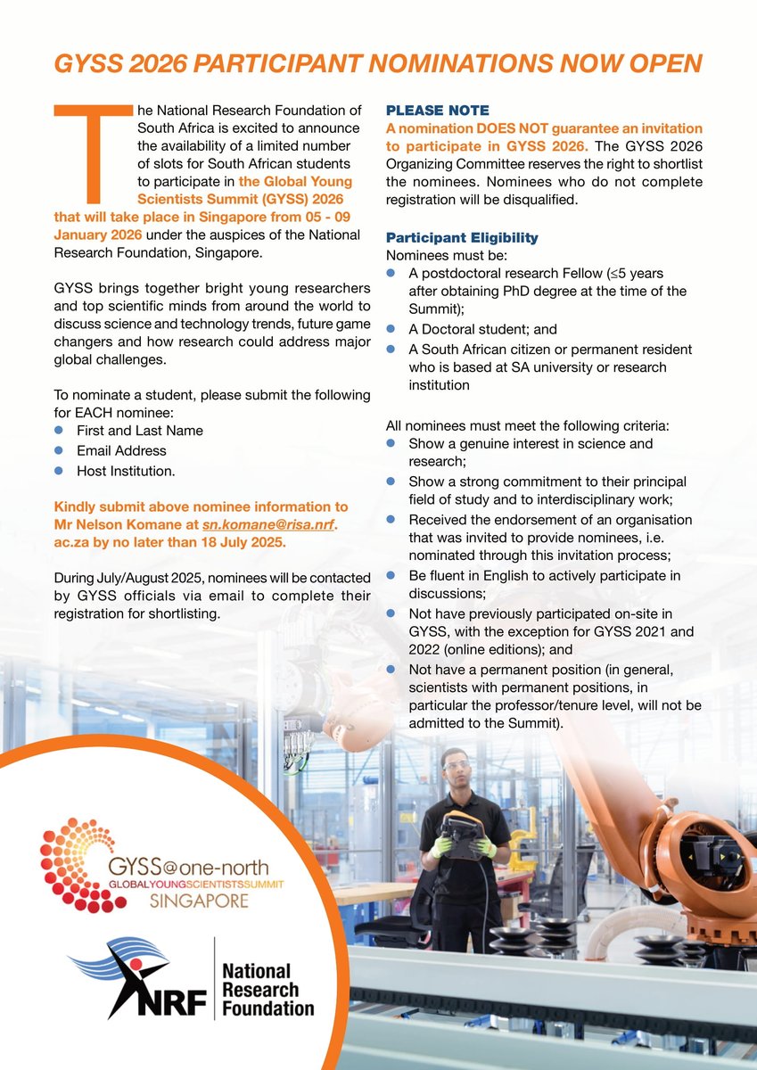 National Research Foundation of South Africa (@nrf_news) on Twitter photo A limited number of slots are available for South African Postdocs and Doctoral students to participate in the 2026 Global Young Scientists Summit (GYSS) in Singapore.
Submissions/ queries: sn.komane@risa.nrf.ac.za
Details are also available here: nrf.ac.za/wp-content/upl… A limited number of slots are available for South African Postdocs and Doctoral students to participate in the 2026 Global Young Scientists Summit (GYSS) in Singapore.
Submissions/ queries: sn.komane@risa.nrf.ac.za
Details are also available here: nrf.ac.za/wp-content/upl…