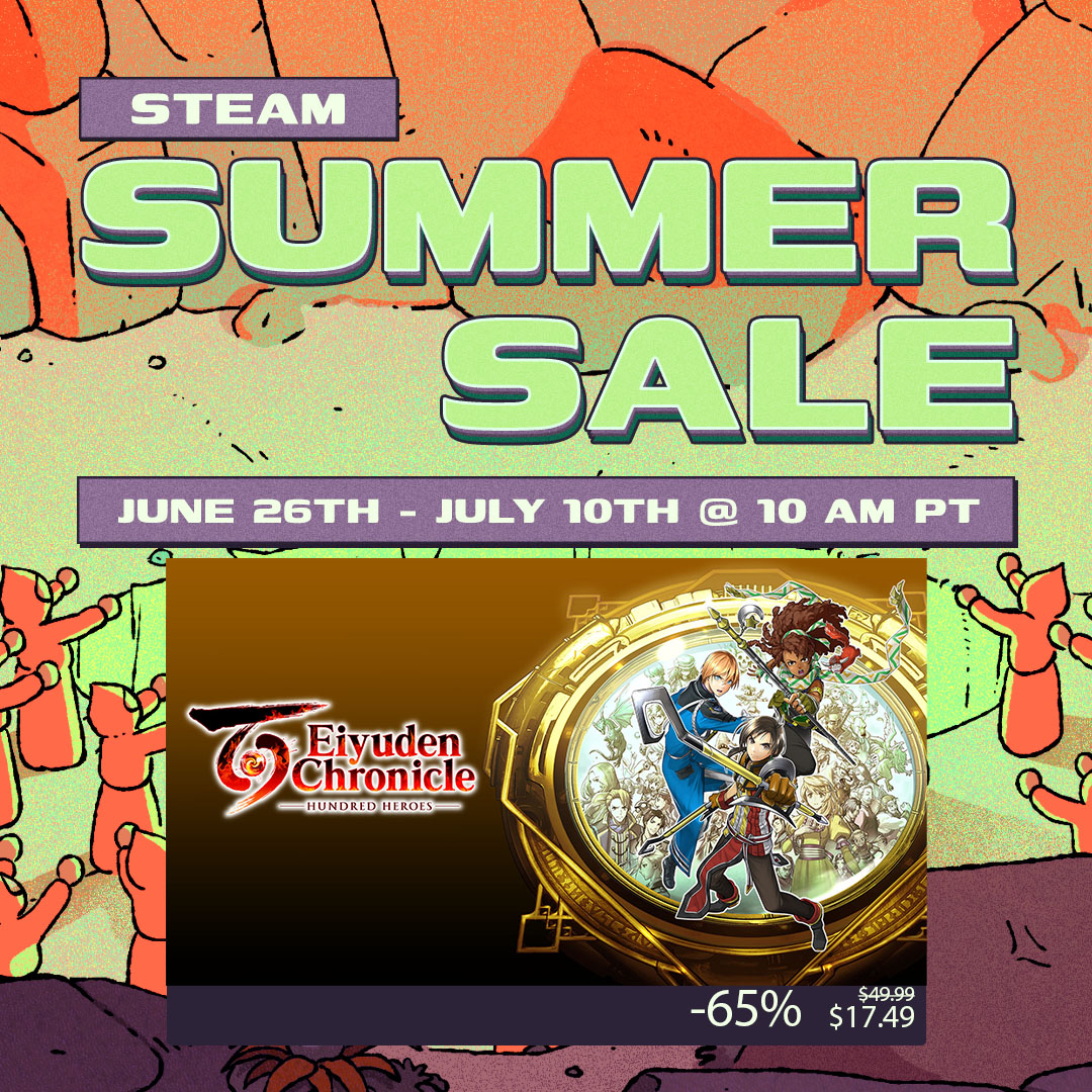 Your 100 heroes await. Eiyuden Chronicle: Hundred Heroes is 65% off during the Steam Summer Sale!

505.games/ECSteamSSale

Play the JRPG epic from Rabbit &amp; Bear Studios.

#EiyudenChronicle