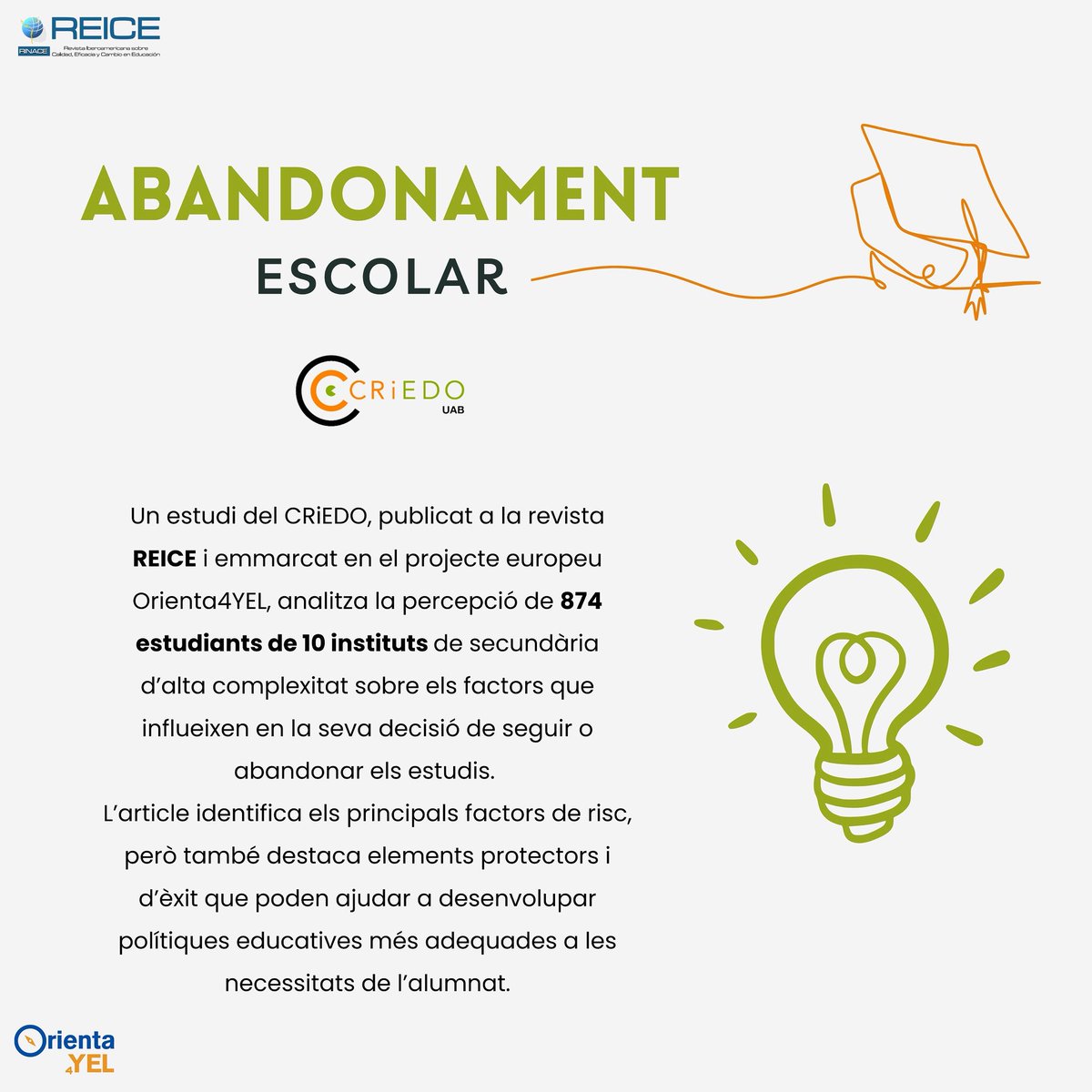 Un nou article de la Patricia Olmos i en Joaquín Gairín (CRiEDO), publicat a la revista REICE, es fonamenta en el projecte europeu #Orienta4YEL i recull les opinions de joves de secundària d’alta complexitat sobre els riscos i motivacions a l’hora de seguir formant-se. 📚