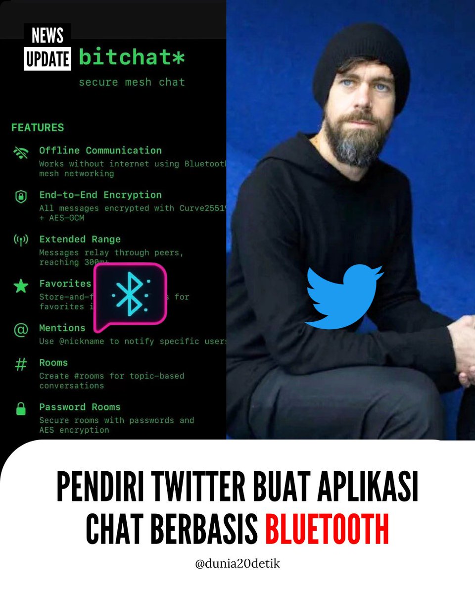 Dunia20Detik's tweet image. Jack Dorsey Rilis Aplikasi Chat Berbasis Bluetooth

Salah satu pendiri Twitter, Jack Dorsey, merilis aplikasi chat terbaru bernama Bitchat yang memungkinkan pengguna berkirim pesan tanpa internet, atau jaringan seluler.

#Bitchat #JackDorsey #BluetoothChat #Twitter #Bluetooth