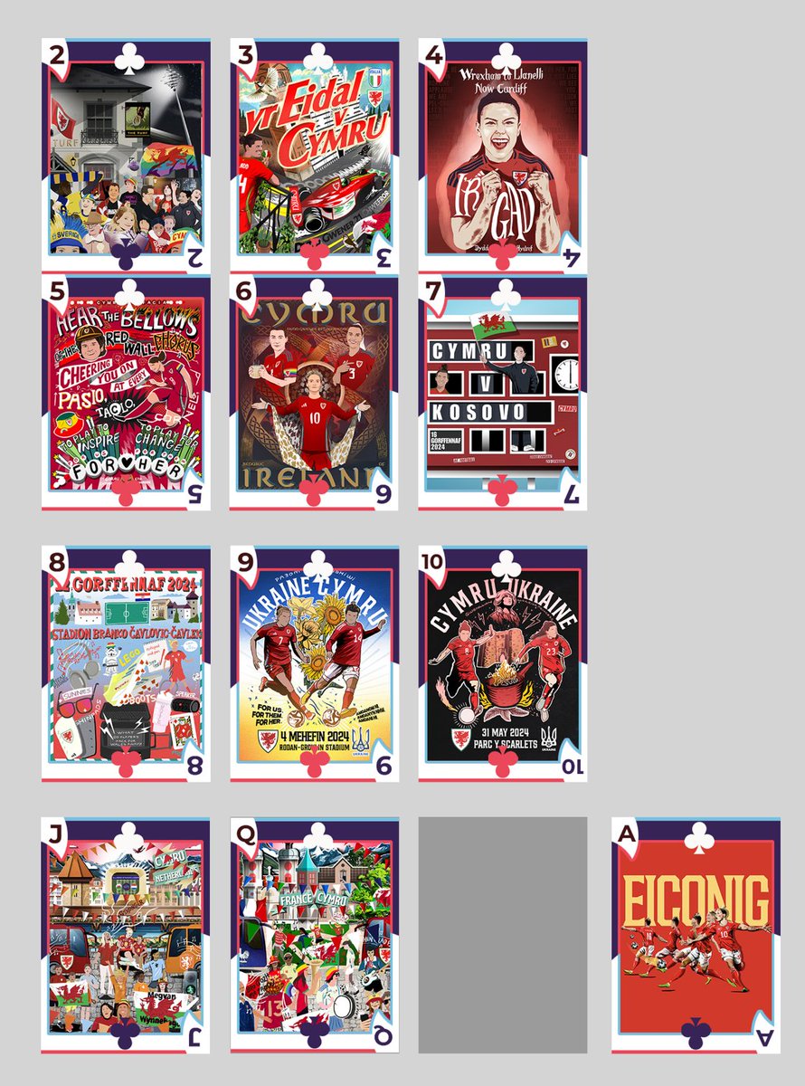 Hey Cymru fans, I'm doing a set of playing card for the Cymru team in the WEUROS. 10 pictures are needed to fill the whole set. I thought it would be great if any of the young fans wanted to submit a drawing of their fave player/goal etc that would go on them? Looks like this..🏴󠁧󠁢󠁷󠁬󠁳󠁿