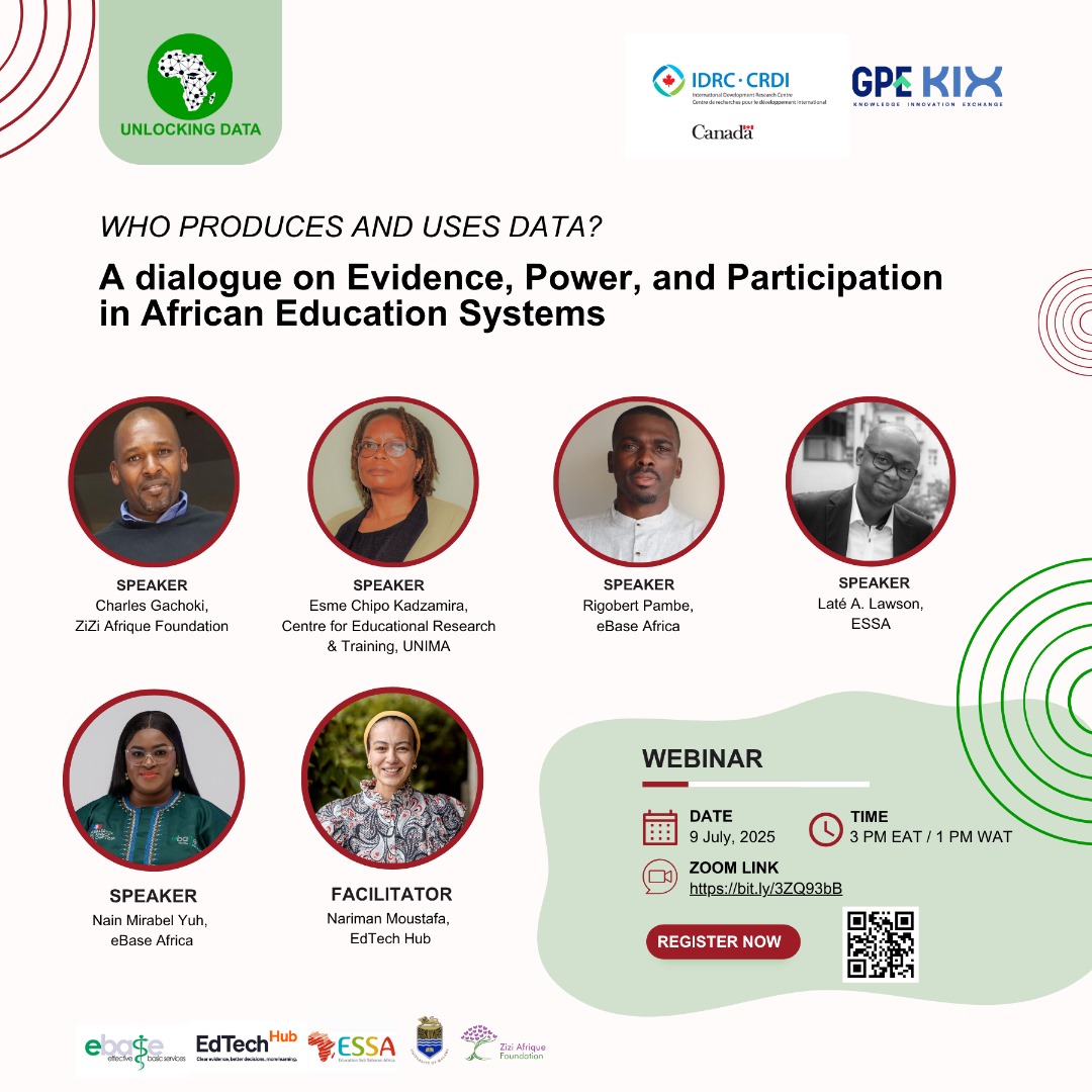 eBASE Africa (@ebase_africa) on Twitter photo #HappeningToday
Join us today for the Unlocking Data webinar and hear from experts working to ensure that education data in Sub-Saharan Africa is available to those who need it.
⏰️ 1pm | WAT
Register now! bit.ly/3ZQ93bB
#UnlockingData
<a href="/ZiziAfrique/">Zizi Afrique Foundation</a> <a href="/GlobalEdTechHub/">EdTech Hub</a> #HappeningToday
Join us today for the Unlocking Data webinar and hear from experts working to ensure that education data in Sub-Saharan Africa is available to those who need it.
⏰️ 1pm | WAT
Register now! bit.ly/3ZQ93bB
#UnlockingData
<a href="/ZiziAfrique/">Zizi Afrique Foundation</a> <a href="/GlobalEdTechHub/">EdTech Hub</a>