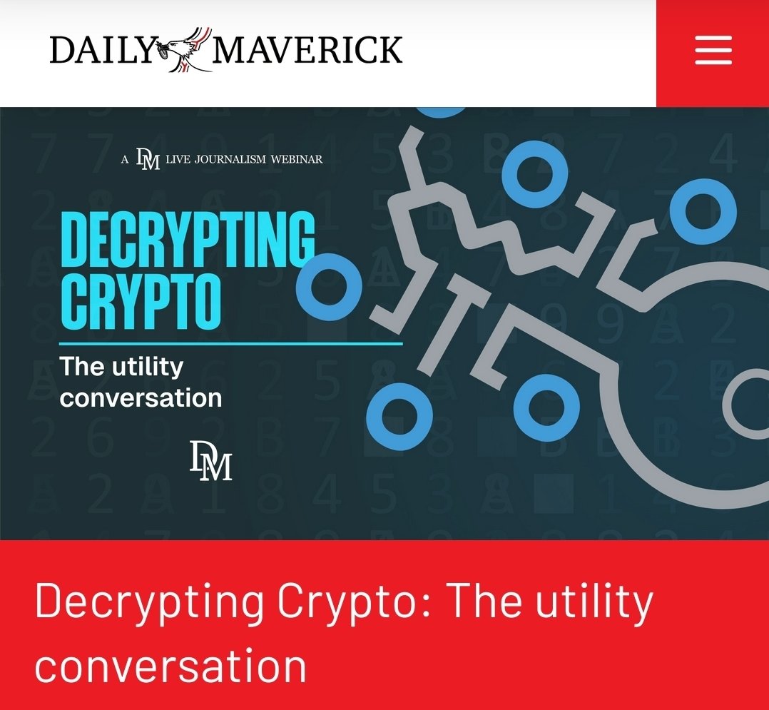 Bitcoin Ekasi (@bitcoinekasi) on Twitter photo Tomorrow at 12pm (UTC+2) I will be joining <a href="/SharpSchutters/">Lindsey Schutters</a> from the <a href="/dailymaverick/">Daily Maverick</a> for:
Decrypting Crypto: The utility conversation - a webinar that dives into the practical side of digital currencies.
BTW, It's Bitcoin, not crypto.
Registration is here: Tomorrow at 12pm (UTC+2) I will be joining <a href="/SharpSchutters/">Lindsey Schutters</a> from the <a href="/dailymaverick/">Daily Maverick</a> for:
Decrypting Crypto: The utility conversation - a webinar that dives into the practical side of digital currencies.
BTW, It's Bitcoin, not crypto.
Registration is here: