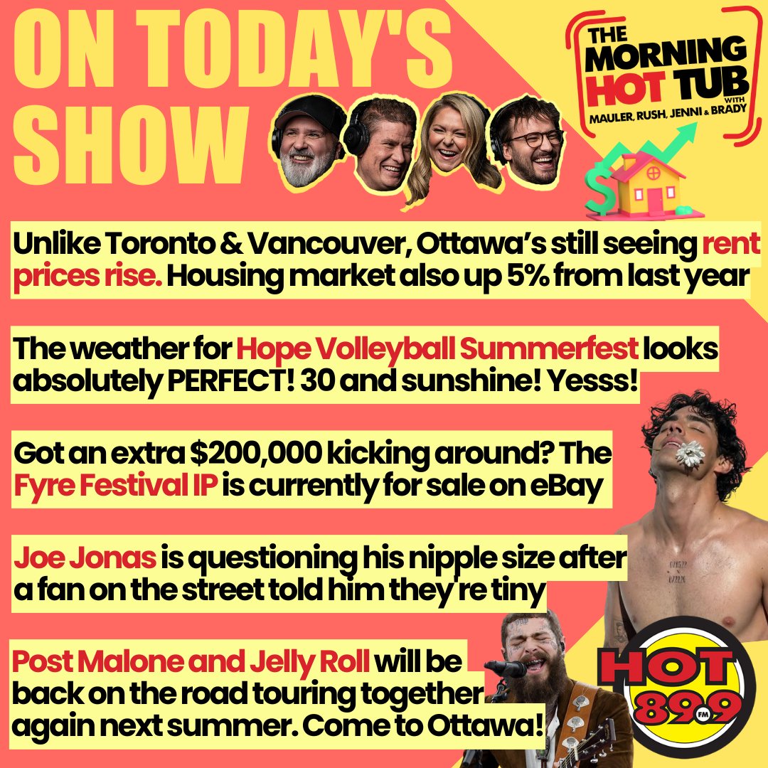 HAPPY WEDNESDAY! It's the eve of Bluesfest! This really is the best time of the year to live in Ottawa, right?! So much happening! Start your day with the Morning Hot Tub!

Mix of sun and cloud. Chance of showers this afternoon &amp; evening. High of 26 #Ottawa #OttNews