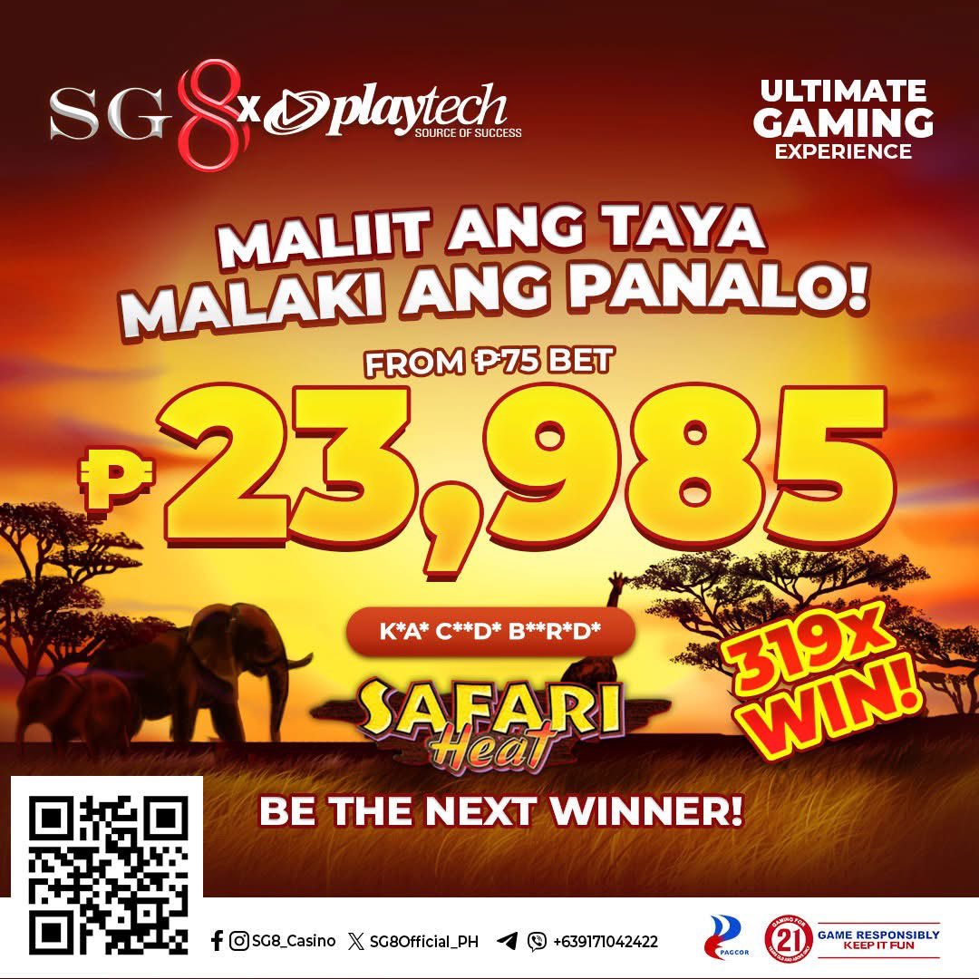 SG8Official_PH's tweet photo. MAY NANALO NA! CONGRATULATIONS! A 319x WIN only here at SG8! Luck and wins for all 🔥
Tara na!  Hindi mo kailangan ng malaking taya para makatikim ng malaking panalo. 🤩

👉 Comment down below “ka otcho” para ma-manifest ang swerte! ✨

check out Playtech now at >>> https://t.co/oMy1SJgzmk

#sg8casino #kaotcho #Playtech #safariheat