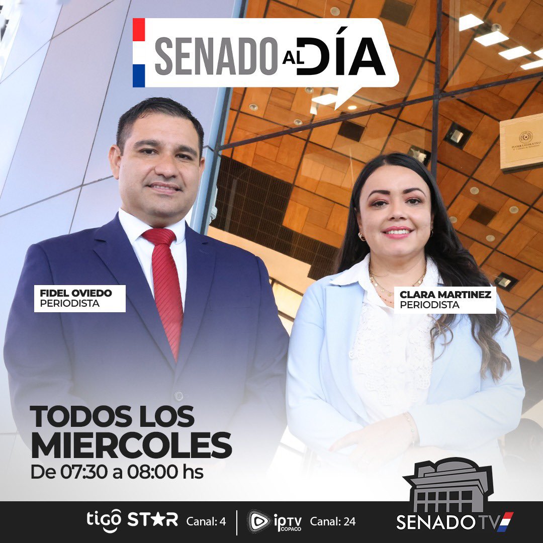 Senado TV (@senadotv24) on Twitter photo Una mirada en detalle de los proyectos de Ley que serán analizados por los Senadores Nacionales en la Sesión Ordinaria! No te pierdas Senado al día 🏛️
Conducen: <a href="/Clarymv/">Clarita Martínez Verdún</a> <a href="/OviedoFidel/">Fidel Oviedo</a>
Por las pantallas de Senado TV 📺 Una mirada en detalle de los proyectos de Ley que serán analizados por los Senadores Nacionales en la Sesión Ordinaria! No te pierdas Senado al día 🏛️
Conducen: <a href="/Clarymv/">Clarita Martínez Verdún</a> <a href="/OviedoFidel/">Fidel Oviedo</a>
Por las pantallas de Senado TV 📺