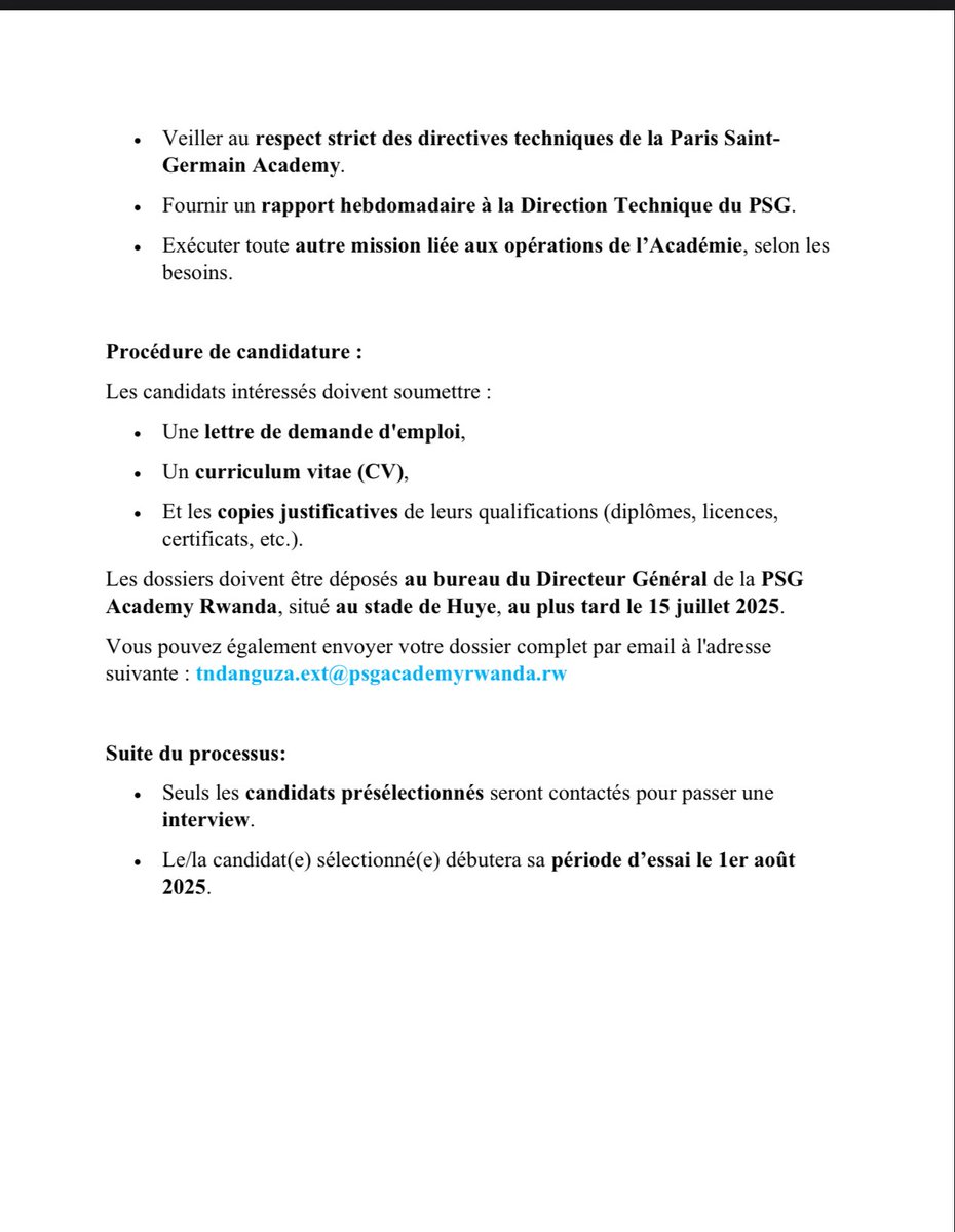 FERWAFA's tweet photo. Avez-vous ce qu’il faut pour devenir le/la directeur /trice  de la PSG Academy Rwanda?

Une opportunité unique vous attend.

📢 Postulez maintenant et faites partie de l’élite du football !

Ne laissez pas passer votre chance. ⚽🇷🇼 
#PSGAcademy #FootballRwanda #Recrutement https://t.co/U4pVTwh0SC