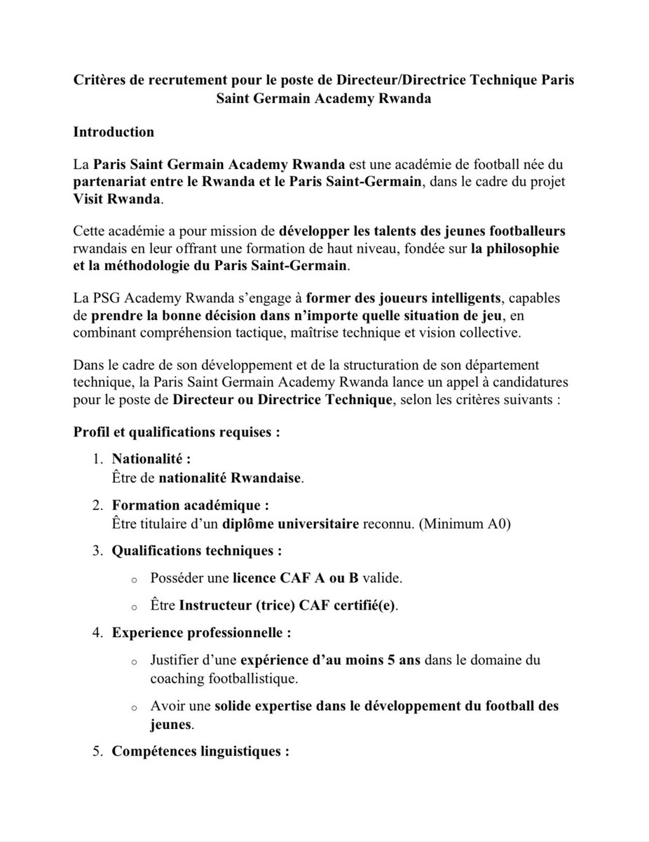 FERWAFA's tweet photo. Avez-vous ce qu’il faut pour devenir le/la directeur /trice  de la PSG Academy Rwanda?

Une opportunité unique vous attend.

📢 Postulez maintenant et faites partie de l’élite du football !

Ne laissez pas passer votre chance. ⚽🇷🇼 
#PSGAcademy #FootballRwanda #Recrutement https://t.co/U4pVTwh0SC