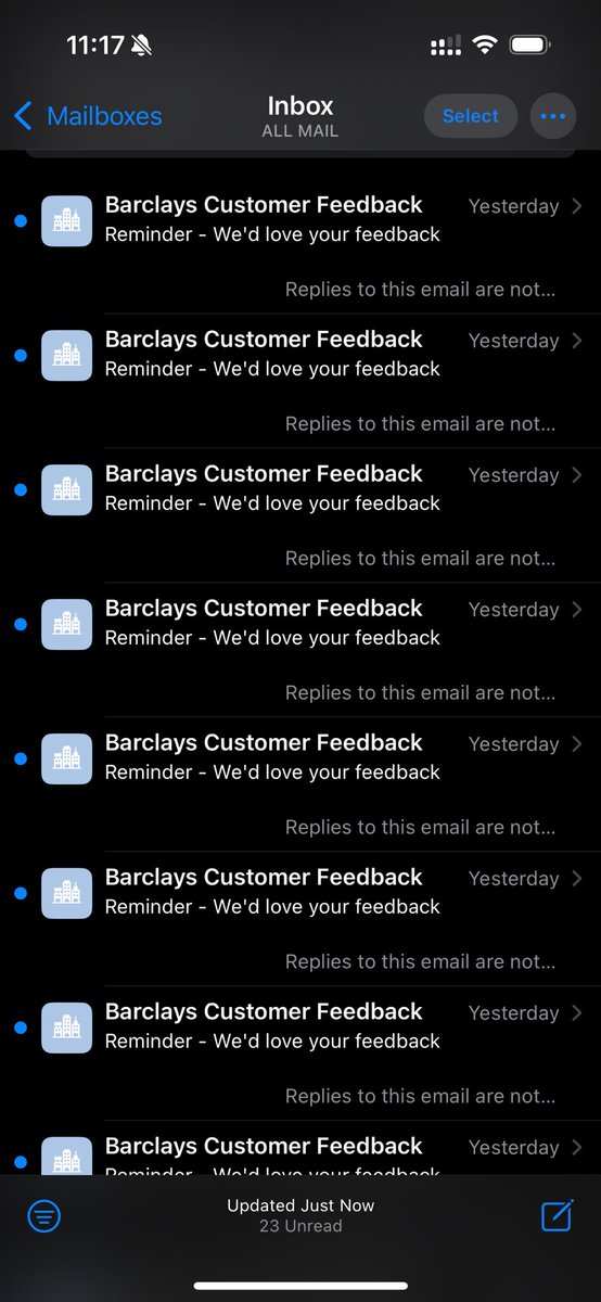 BeckyBumble3's tweet photo. @BarclaysUK  28 emails in a row?? Is this an error? https://t.co/tmfllKrZmo