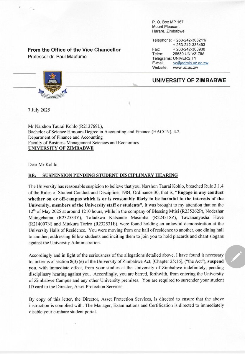 1/2 I have just been suspended from school by the University of Zimbabwe admin, along with five other student activists. Our crime?-Exercising our constitutional right to demonstrate, demanding quality education, and fair remuneration for our lecturers. #AcademicFreedomUnderSiege