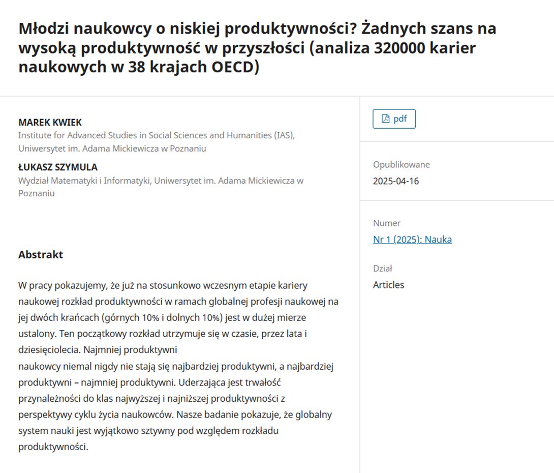 Jest w akademii takie myślenie, że na ujawnienie się talentu naukowego czasem trzeba poczekać. Że jak ktoś jest słabym badaczem, to trzeba dać czas i ciepły etacik, bo może za 15 lat talent eksploduje.

No więc najnowsze badania M. Kwieka i Ł. Szymuli pokazują, że to bajki.