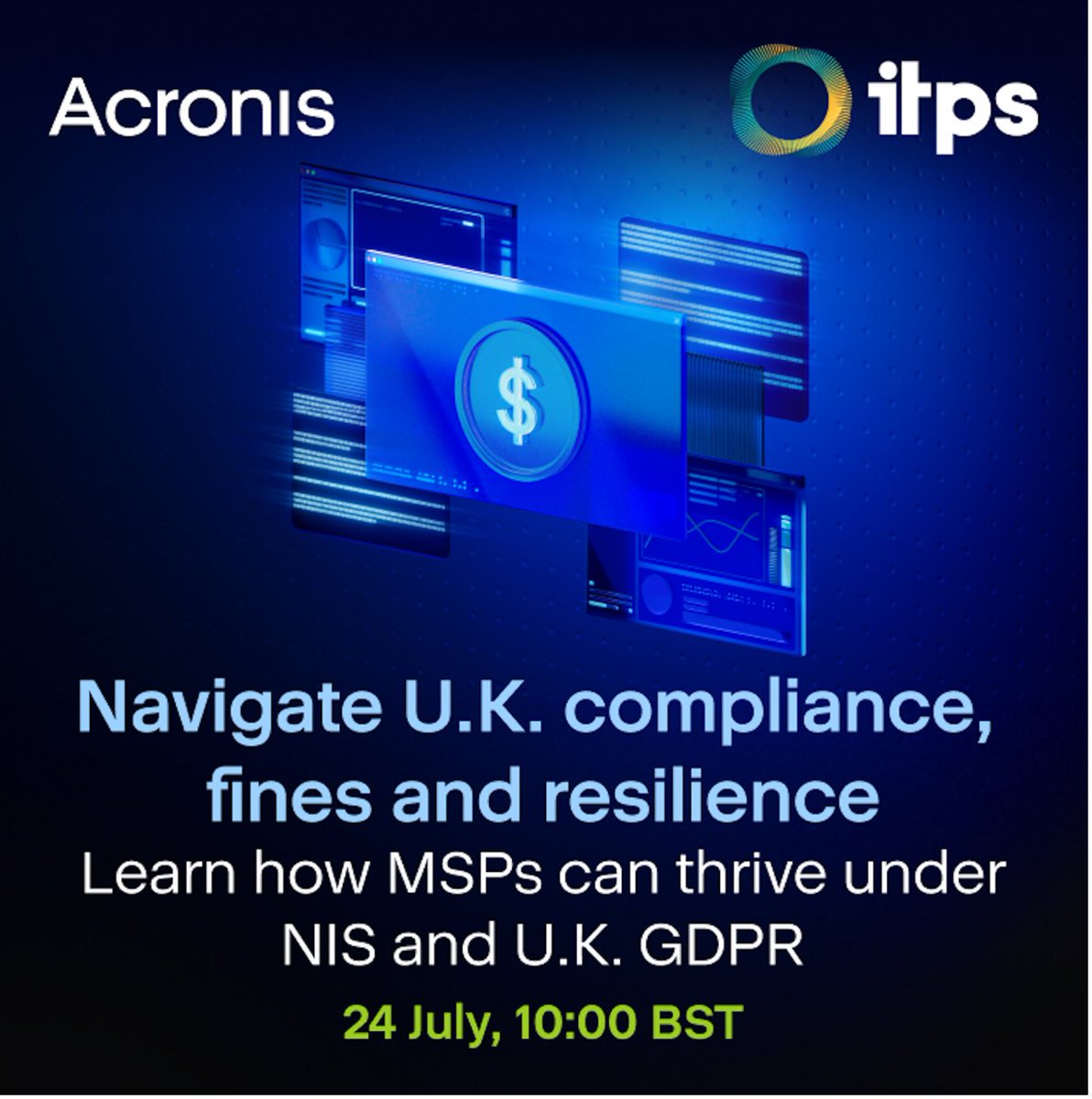 🛡️ Compliance fines don’t wait — and neither should your cyber resilience.

Join our Head of Student Services Martin Wilson on Thursday to learn how MSPs in the U.K. can navigate regulations, avoid costly fines, and protect client data effectively.

📅 acronis.events/event/uk-compl…