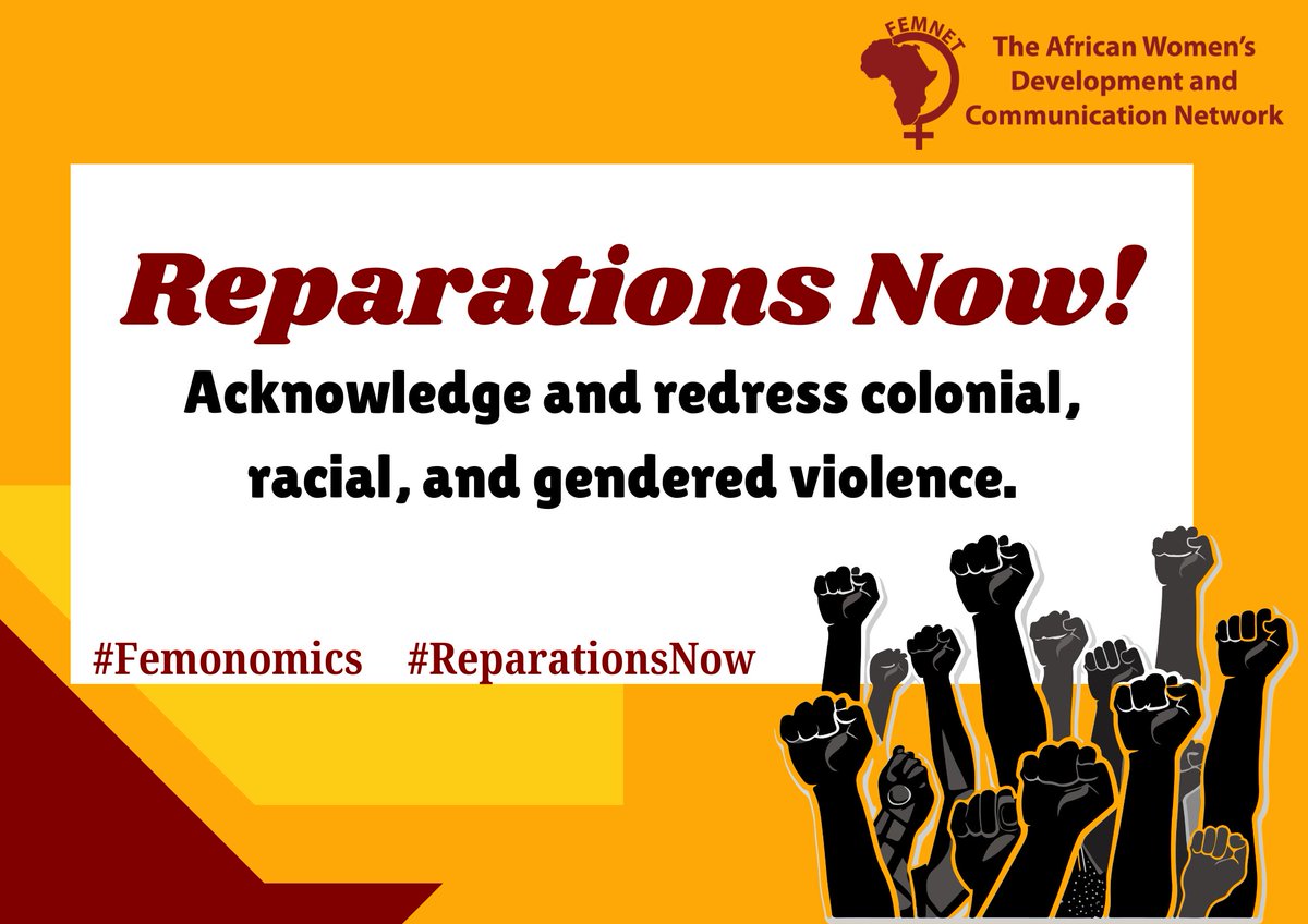 FemnetProg's tweet photo. 📢What do we want? #ReparationsNow 

That's why we call on Regional #Economic Commissions to institutionalize gender-transformative reparations frameworks by integrating feminist analysis into their peacebuilding, economic, and #Climate agendas.

#7GIMACRECs
#FeministClimateJustice