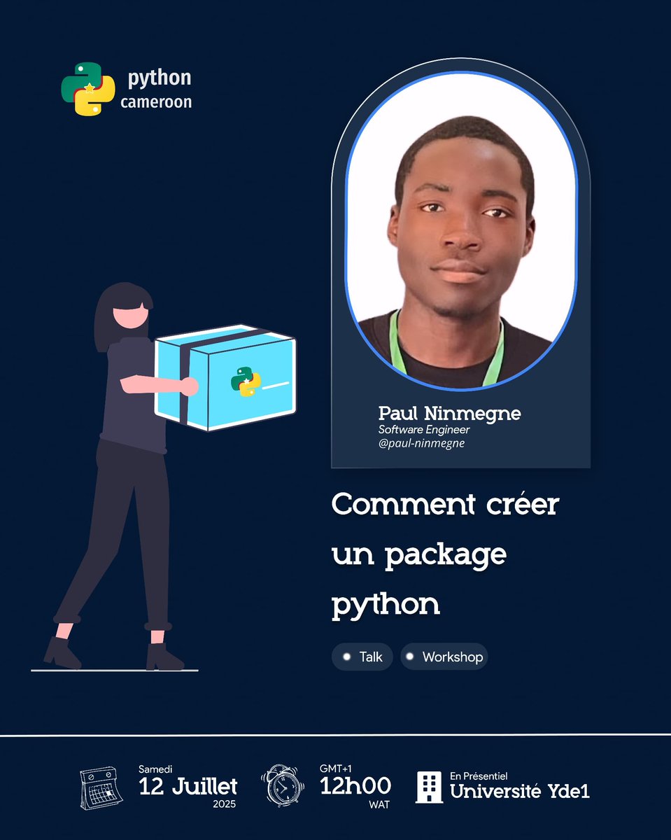 PythonCameroon's tweet image. YAOUNDÉ!!!

Ne manquez surtout pas ce *Samedi 12 Juillet 2025* au campus de *L&apos;université de Yaoundé 1* notre premier événement Python Cameroon avec *Paul Ninmegne*. 😉!

 forms.gle/GH9Gacg84eZdxr…