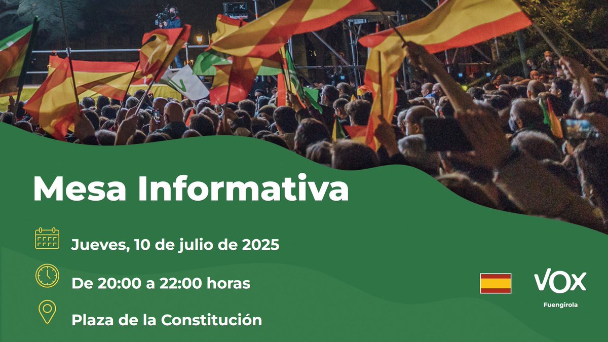 Vox_Fuengirola's tweet image. 🔈🔈 Mañana tendremos una mesa informativa en el centro del municipio‼️

Vente en horario de tardeo, firma alguna de nuestras iniciativas… y llévate tu PULSERA PROHIBIDA!! 

Te esperamos! 🇪🇸 

#HospitalFuengirolaYa
#EstacionDeAutobusesYa
