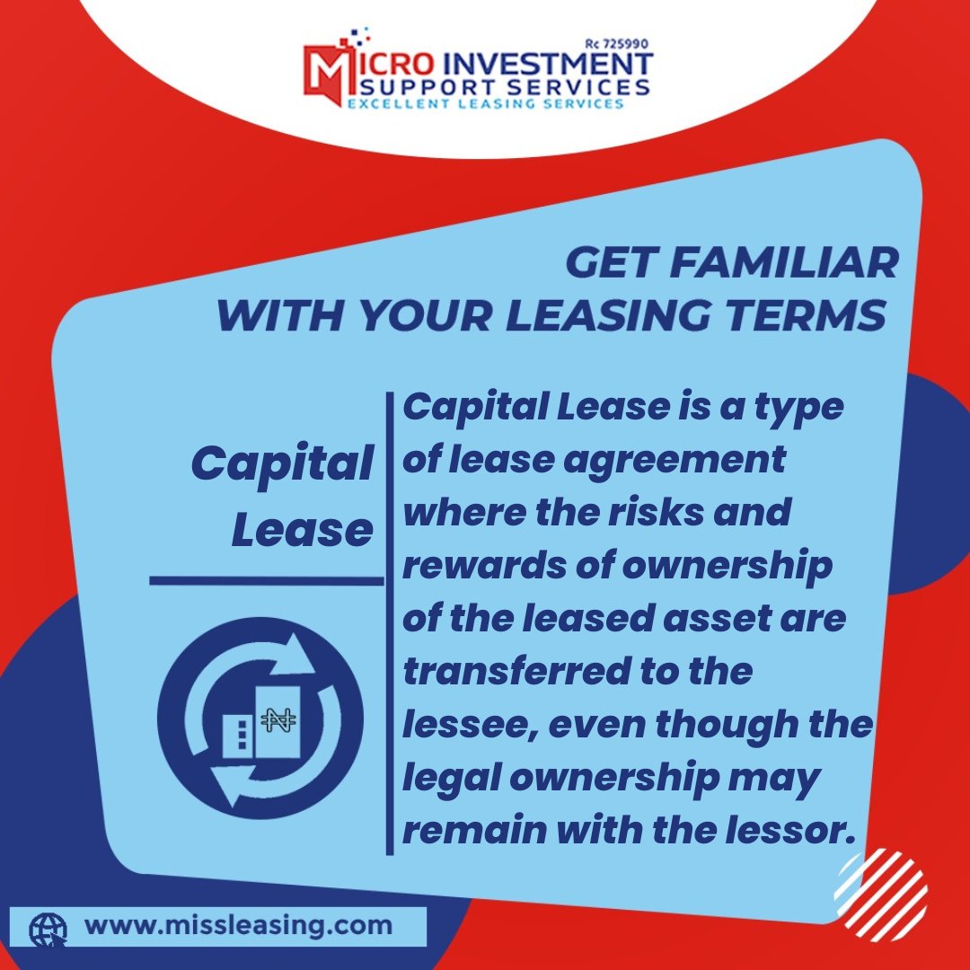 missleasing's tweet photo. A Capital Lease is a long-term lease that gives the lessee most of the risks and rewards of ownership.
Itโs ideal when your business needs full control of an asset.
#CapitalLease #FinanceLease #SmartLeasing #MISSLeasing #LeasingTerms #NigeriaLeasing #BusinessFinance https://t.co/laeNIH1YUq