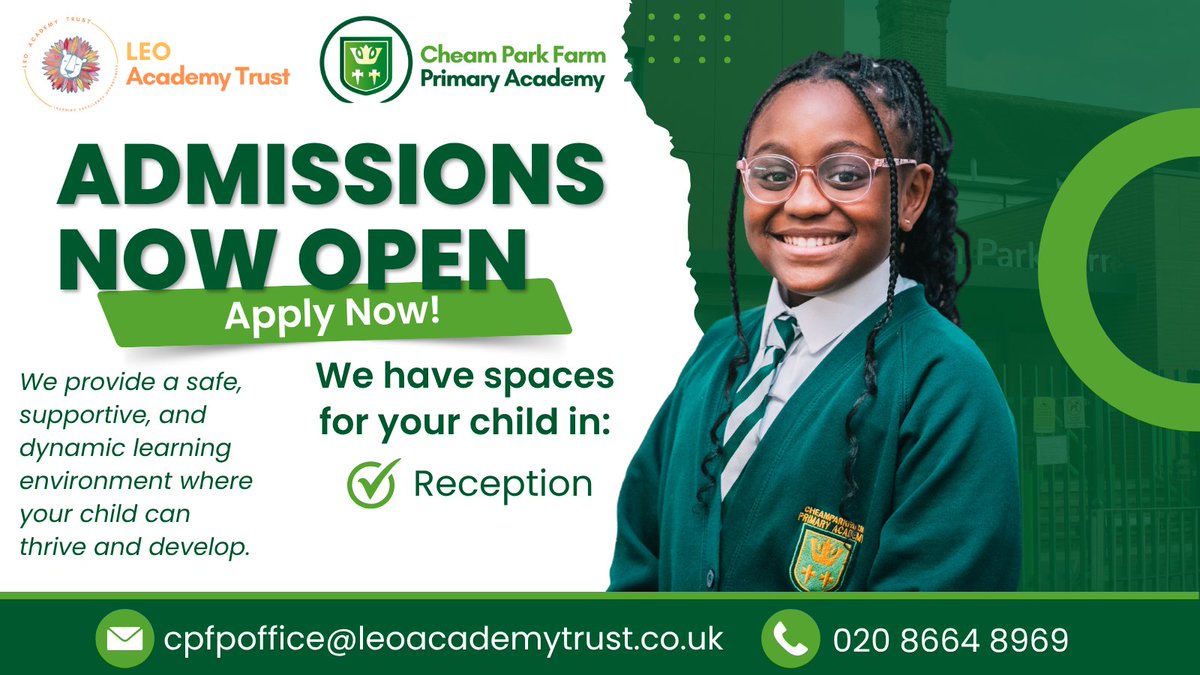 Are you looking for an amazing start to your child's learning journey?

We have spaces at Cheam Park Farm Primary Academy for September 2025 in:
🔶 Reception

Learn more and apply here: loom.ly/DlUFMwM

#WeAreLEO