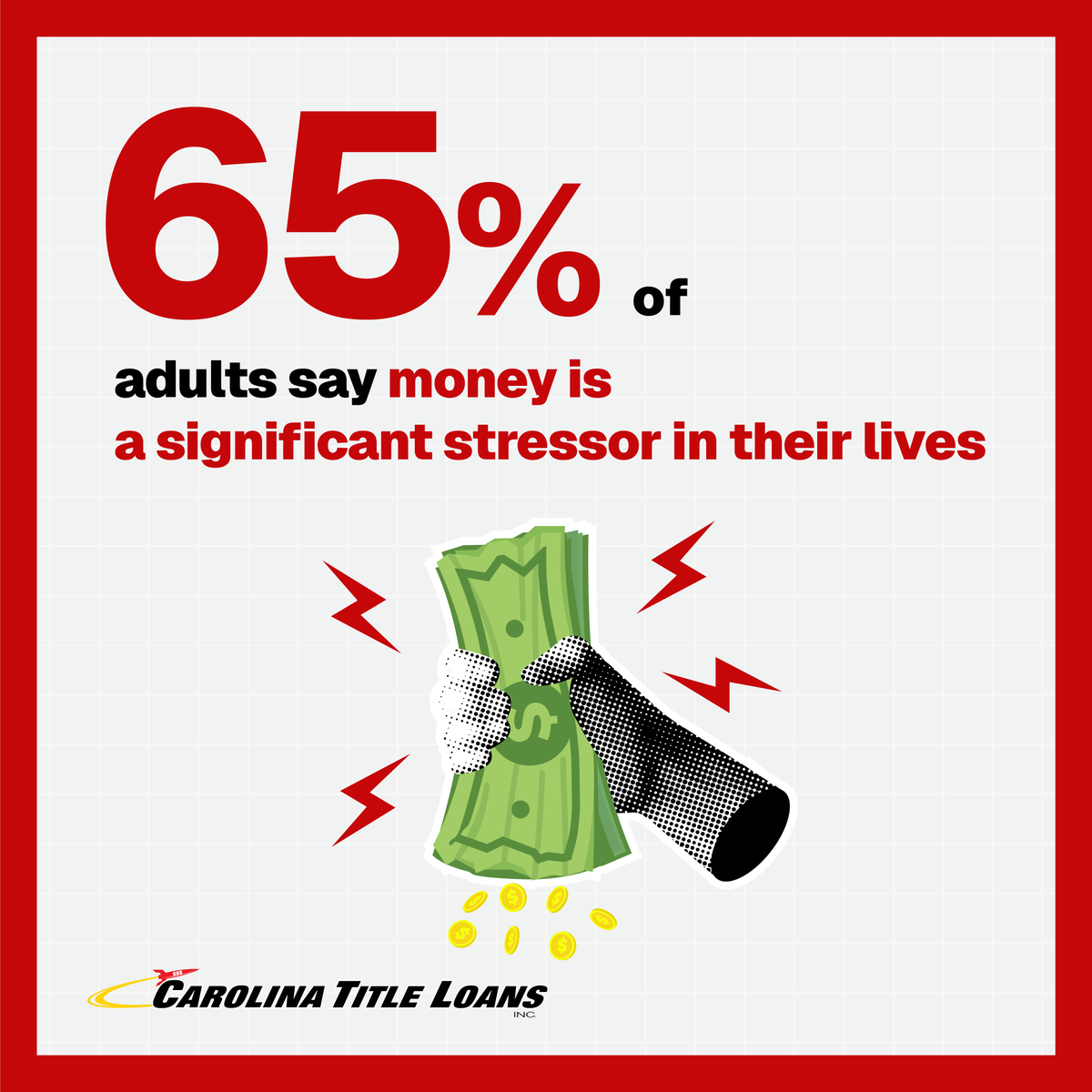 Feeling financial stress? 😟 You're not alone! 65% of adults worry about money. At Carolina Title Loans, Inc., we offer financial peace of mind.😎🤝 Let's build a path to wellness together! 💰 Visit: CarolinaTitleLoansInc.com

#FinancialWellness #MoneyManagement #CarolinaTitleLoans