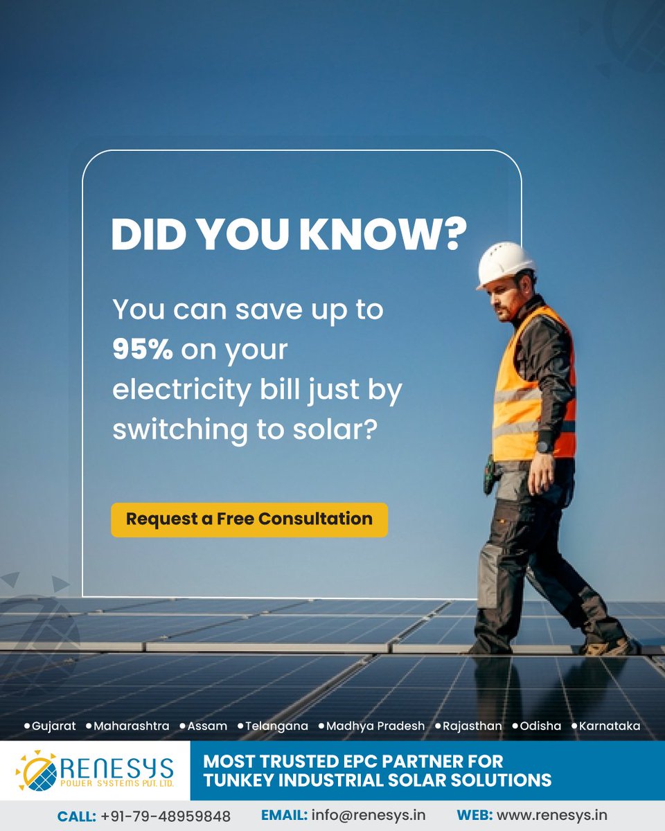 Renesyspower's tweet image. As the MOST TRUSTED EPC PARTNER for Turnkey Industrial Solar Solutions, Renesys Power Systems brings you incredible savings: up to 95% on your electricity bill!

#EPCpartner #IndustrialSolar #SolarExpert #RenewableEnergy #Sustainability #RenesysPowerSystems #EnergySolutions