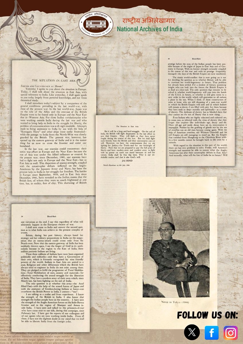 #ArchiveOfTheWeek

#NAI presents rare glimpses from a broadcast speech by Netaji Subhas Chandra Bose, titled "The Situation in East Asia", delivered on 9th July 1944 during the Netaji Week Celebrations (4–10 July 1944).
-Library Collection 

#NetajiSubhasChandraBose #AzadHind