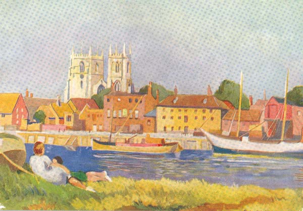 Today's #OnlineArtExchange by <a href="/artukdotorg/">Art UK</a> theme is summer! ☀️

Here we have a lovely summery scene of people lounging on the grassy bank of the River Ouse, looking over at the South Quay, King's Lynn. It is postcard print of a painting by Robert Whitmore (1908-1993).