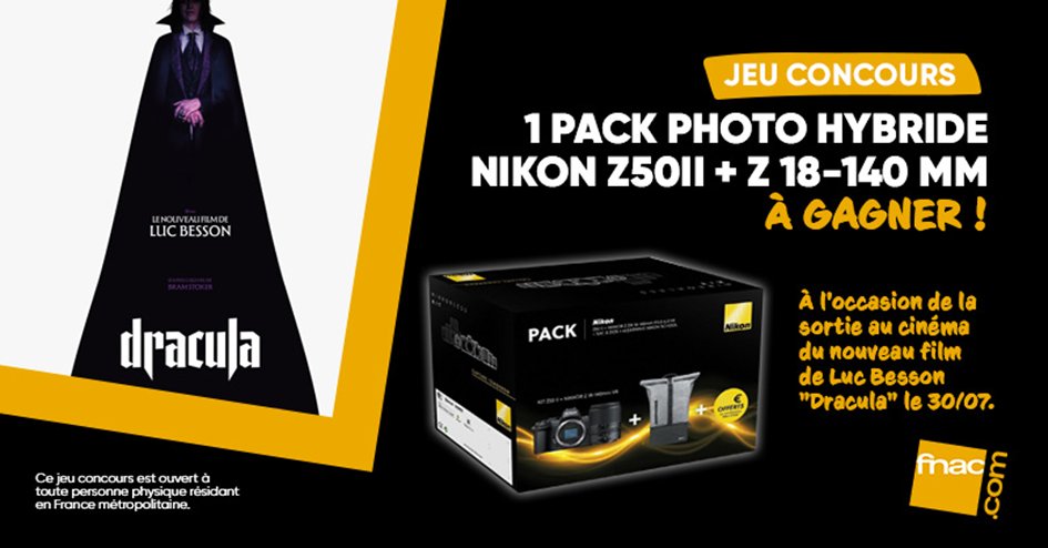 JEU CONCOURS # DRACULA, le nouveau film de Luc Besson arrive au cinéma le 30 juillet ! 🧛‍♂️

A l’occasion de cette sortie événement, tentez de remporter un Pack Nikon Z50II + Z 18-140mm 📸

Merci @nikonfr !

🎯RT + Follow <a href="/Fnac/">Fnac</a>
📅TAS le 31/07 – 1 gagnant

#NikonZ50II