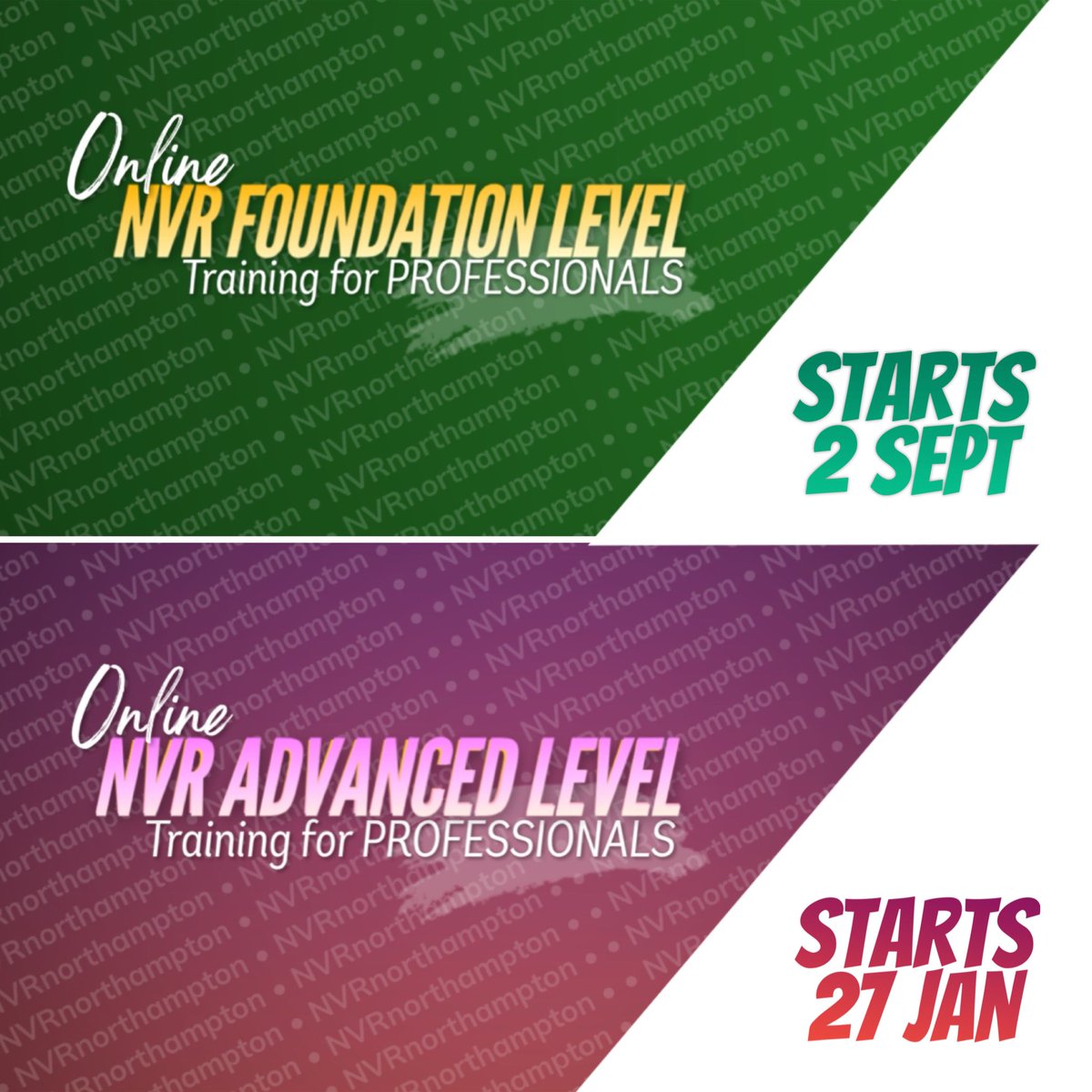NVRnorthampton's tweet image. Autumn/Winter dates for our Online #NVR training for Professionals:-

Foundation L1 
8 x bi-weekly sessions 
Starts 2 Sep (6:30 - 9pm) BST
bit.ly/NVR-FdnL1

Advanced L2
10 x bi-weekly sessions 
Starts 27 Jan (6:30 - 9pm) GMT
bit.ly/NVRAdv

Hope you’ll join us.