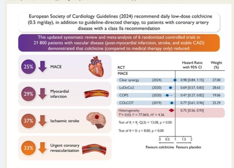 pabeda1's tweet image. EHJ: DOI: 10.1093/eurheartj/ehaf210
DOI: 10.1093/eurheartj/ehaf174
DOI: 10.1093/eurheartj/ehaf266
2 meta analyses of colchicine in 2ary prevention of vascular events + editorial. Modest benefits, large NNT's, between-trial heterogeneity. Now what? #CardioTwitter #Cardiology