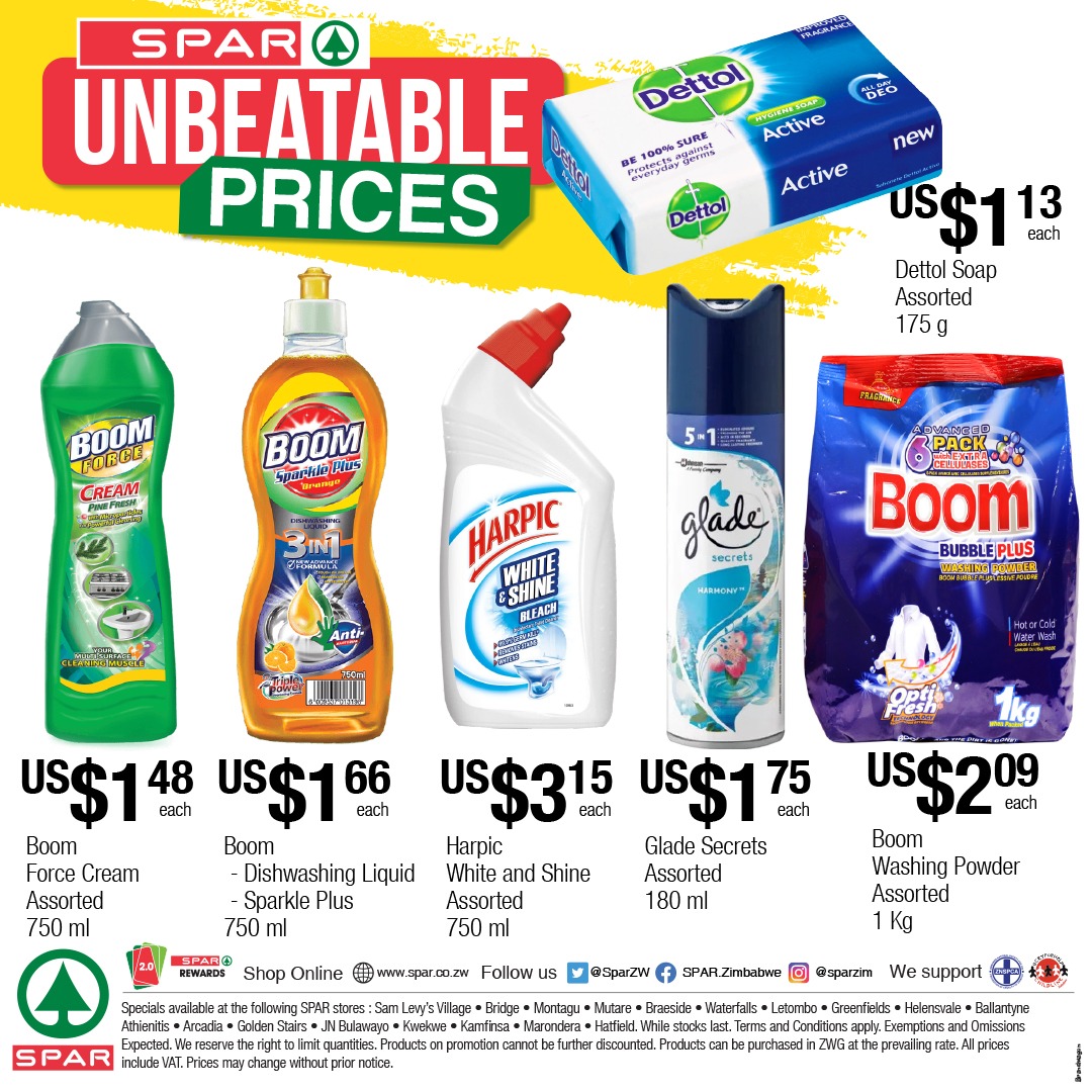 🛒 SPAR's UNBEATABLE PRICES are here! 💥 Shop in-store for big savings on Boom, Harpic, Mazoe, Lay’s, and more! 🛍️ Only while stocks last! #SPARZimbabwe #UnbeatablePrices #BigSavings #ShopSmart #SPARDeals #EverydayEssentials