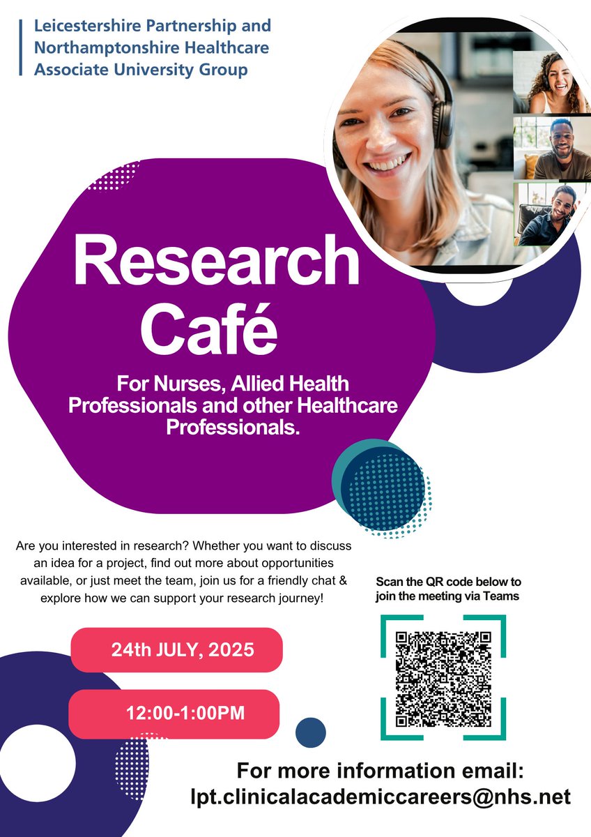 Calling nurses, AHPs &amp; other healthcare professionals!
Join our online research café 

🗓️Thurs 24 July, 12:00-1:00pm
Drop in for a friendly chat &amp; explore how we can support your research journey!

Scan the QR code (see poster below) or email: lpt.clinicalacademiccareers@nhs.net