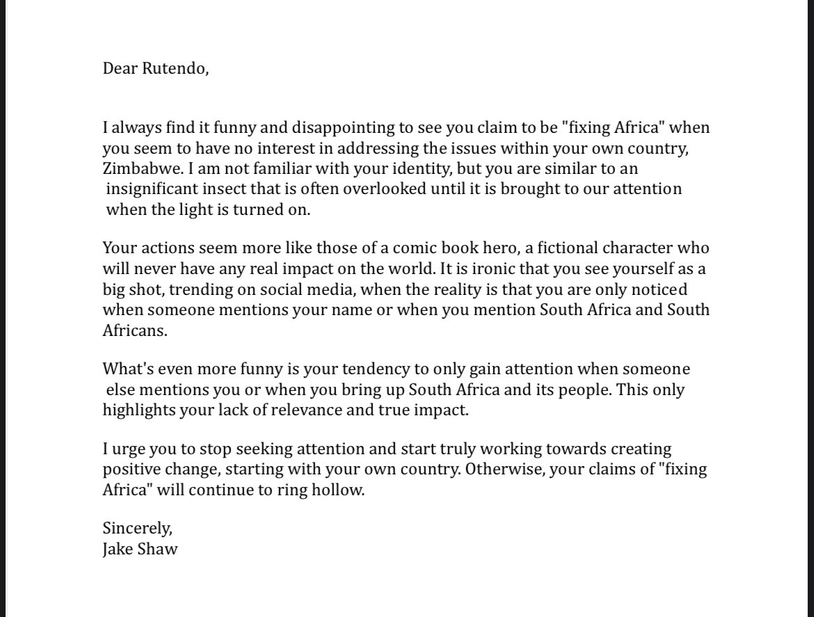 Jake_Shaw2's tweet image. I hope this letter finds its way to Mr. “I am a fixer” Rutendo
@matinyarare