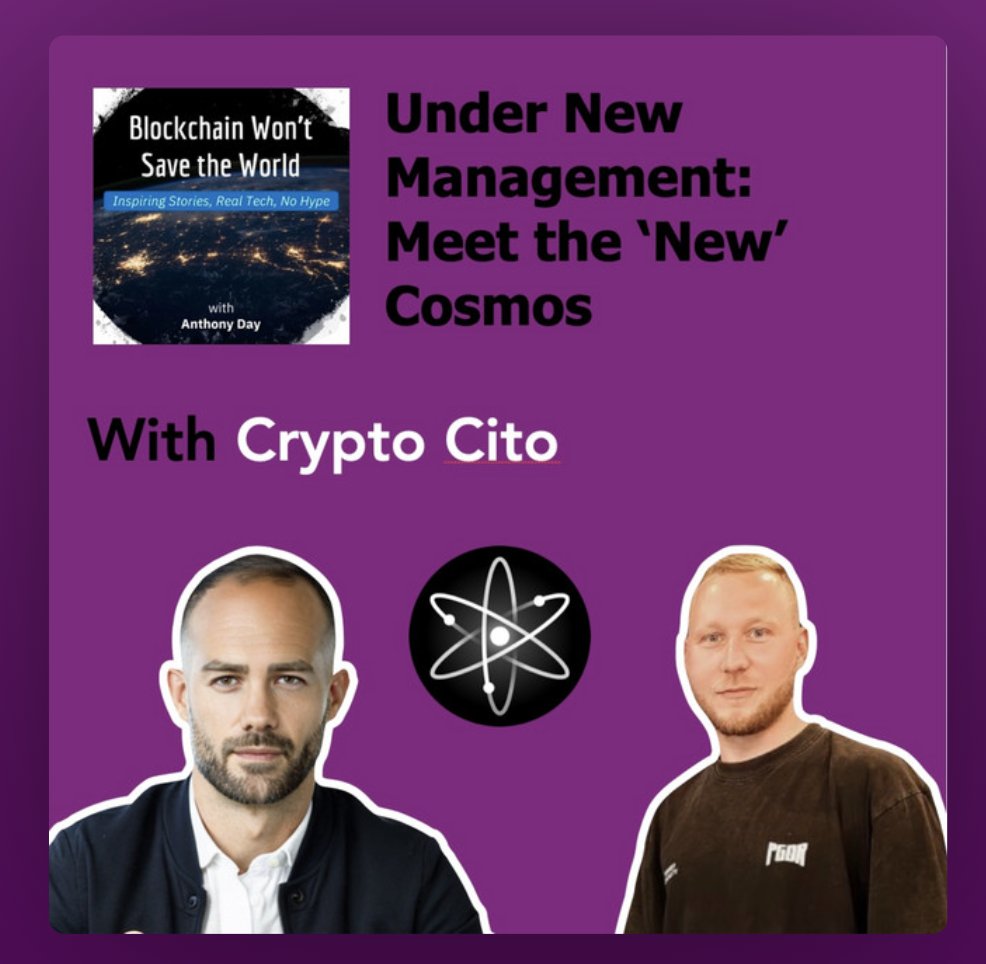 Cryptocito's tweet photo. The New Cosmos - Podcast Episode ⚛️

I got invited by Anthony Day to talk about the new leadership in @Cosmos, what's changed in 2025, and what’s ahead, incl. @CosmoverseHQ Balkans.

Covering the latest tech updates, evolution of IBC, and how $ATOM is better positioned to capture value.

Listen on Spotify: https://t.co/r7BP8DPslU