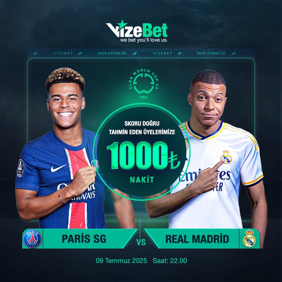 SosyalVize's tweet photo. #PSGvsRM🏆 #FIFACWC25
Paris SG x R. Madrid maçının skorunu doğru tahmin eden TÜM ÜYELERİMİZE 1.000₺ nakit hediye!
➡️ Skor tahmininizi kullanıcı adınızla yazınız.
➡️ 3 arkadaşınızı etiketleyiniz.
➡️ https://t.co/GZsz4Nau9k ve https://t.co/iXqg80T5sB sayfalarımızı takip ediniz. https://t.co/1ZkYxPZh7F