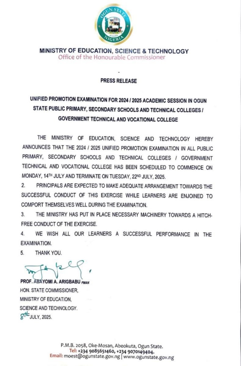 OGSERA's tweet image. OFFICIAL NOTICE

The 2024/2025 Promotion Examination Timetable for Ogun State Public Secondary Schools is now available.

#OGSERA #DiPER #OgunStateEducation #PromotionExams #EducationForAll #OgunSchools #AcademicExcellence