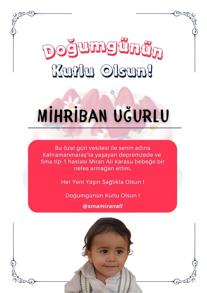 🎂 Bugün Emeklilikte Adalet Derneği Genel Başkanımız Mihriban Uğurlu’nun doğum günü…

Nice sağlıklı, huzurlu ve adalet dolu yıllara Başkanım.
Sizin emek, vicdan ve mücadele dolu yüreğinize en uygun doğum günü hediyesi olarak, SMA hastası minik Miran Ali için bağışta bulundum. 💛