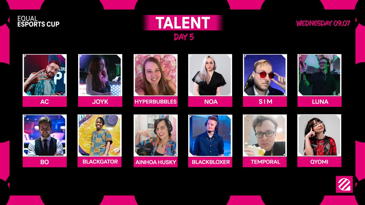 The EUniverse (@the_euniverse) on Twitter photo Talent for #EqualEsportsCup 2025 Day 5:-
- <a href="/o0AC0o/">AC 🗣️🔇</a>
- <a href="/BoScheermeijer/">Gentleman Bo</a>
- <a href="/xJoyK/">JOY K.🌙</a>
- <a href="/hyperbubblesAFK/">Leo</a>
- <a href="/noa_pls/">Ainhoa Campos</a>
- <a href="/S_I_M_Casts/">S I M</a>
- <a href="/LunaCasts/">Drew "Luna" Wilcox🏳️⚧️</a>
- <a href="/Iamblackgstar/">Jay(he/him)🇿🇦</a>
- <a href="/ainhoahusky/">Ainhoa Husky</a>
- <a href="/BlackBloxer/">BlackBloxer</a>
- <a href="/TemporalLoL/">Temporal</a>
- <a href="/Selene1v9/">Teddyomi</a>
Producer: <a href="/Icefireideprod/">Nicholas "Icefireide" Hall</a>
Stream: twitch.tv/euniverse_tv Talent for #EqualEsportsCup 2025 Day 5:-
- <a href="/o0AC0o/">AC 🗣️🔇</a>
- <a href="/BoScheermeijer/">Gentleman Bo</a>
- <a href="/xJoyK/">JOY K.🌙</a>
- <a href="/hyperbubblesAFK/">Leo</a>
- <a href="/noa_pls/">Ainhoa Campos</a>
- <a href="/S_I_M_Casts/">S I M</a>
- <a href="/LunaCasts/">Drew "Luna" Wilcox🏳️⚧️</a>
- <a href="/Iamblackgstar/">Jay(he/him)🇿🇦</a>
- <a href="/ainhoahusky/">Ainhoa Husky</a>
- <a href="/BlackBloxer/">BlackBloxer</a>
- <a href="/TemporalLoL/">Temporal</a>
- <a href="/Selene1v9/">Teddyomi</a>
Producer: <a href="/Icefireideprod/">Nicholas "Icefireide" Hall</a>
Stream: twitch.tv/euniverse_tv