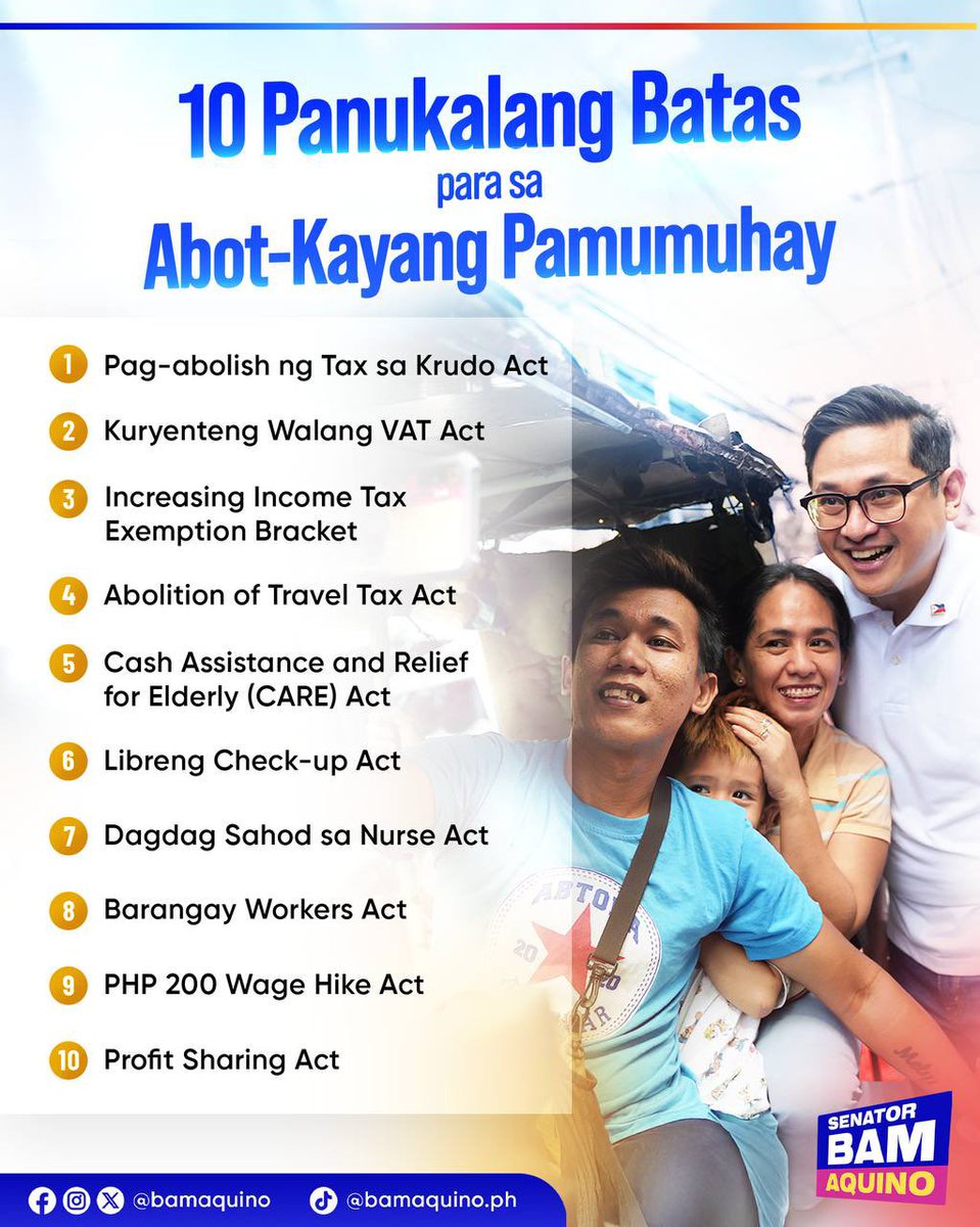bamaquino's tweet photo. 10 PANUKALANG BATAS PARA SA ABOT-KAYANG PAMUMUHAY 🇵🇭

Sa pagbabalik natin sa Senado, layunin nating pagaanin ang araw-araw na buhay ng bawat Pilipino — mula pagkain at kuryente, hanggang sahod, serbisyong medikal, at suporta sa senior citizens.

Ito ang susunod nating hakbang: mga panukalang batas para sa mas magaan na pamumuhay at mas makataong kinabukasan.
Simula pa lang ito — tuloy ang laban para sa bawat pamilyang Pilipino.

Para sa manggagawa. Para sa pamilya. Para sa bayan. 🇵🇭